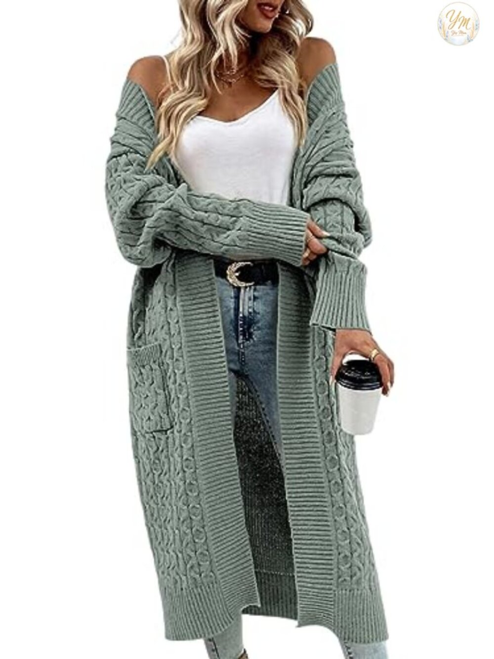 Women's Long Cable Knit Cardigan with Pockets Open Front